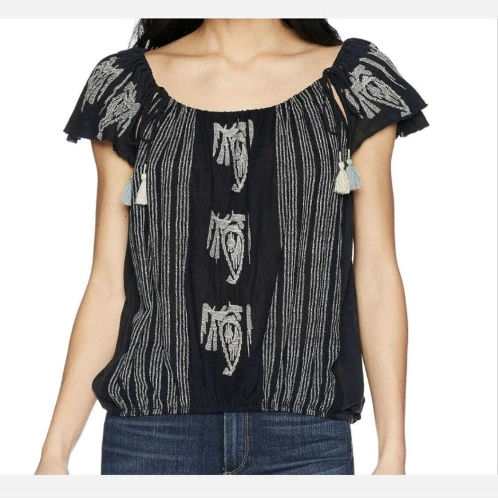 FREE PEOPLE Shirt Womens Extra Small Gray Pukka Peasant Top Embroidered‎ Small